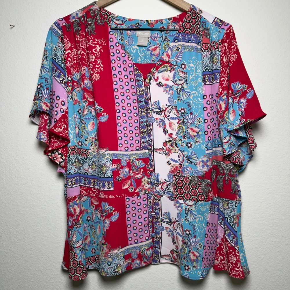 Chico's Women Patchwork Button Front Top Large 2 Mixed Print Floral Flutter Boho